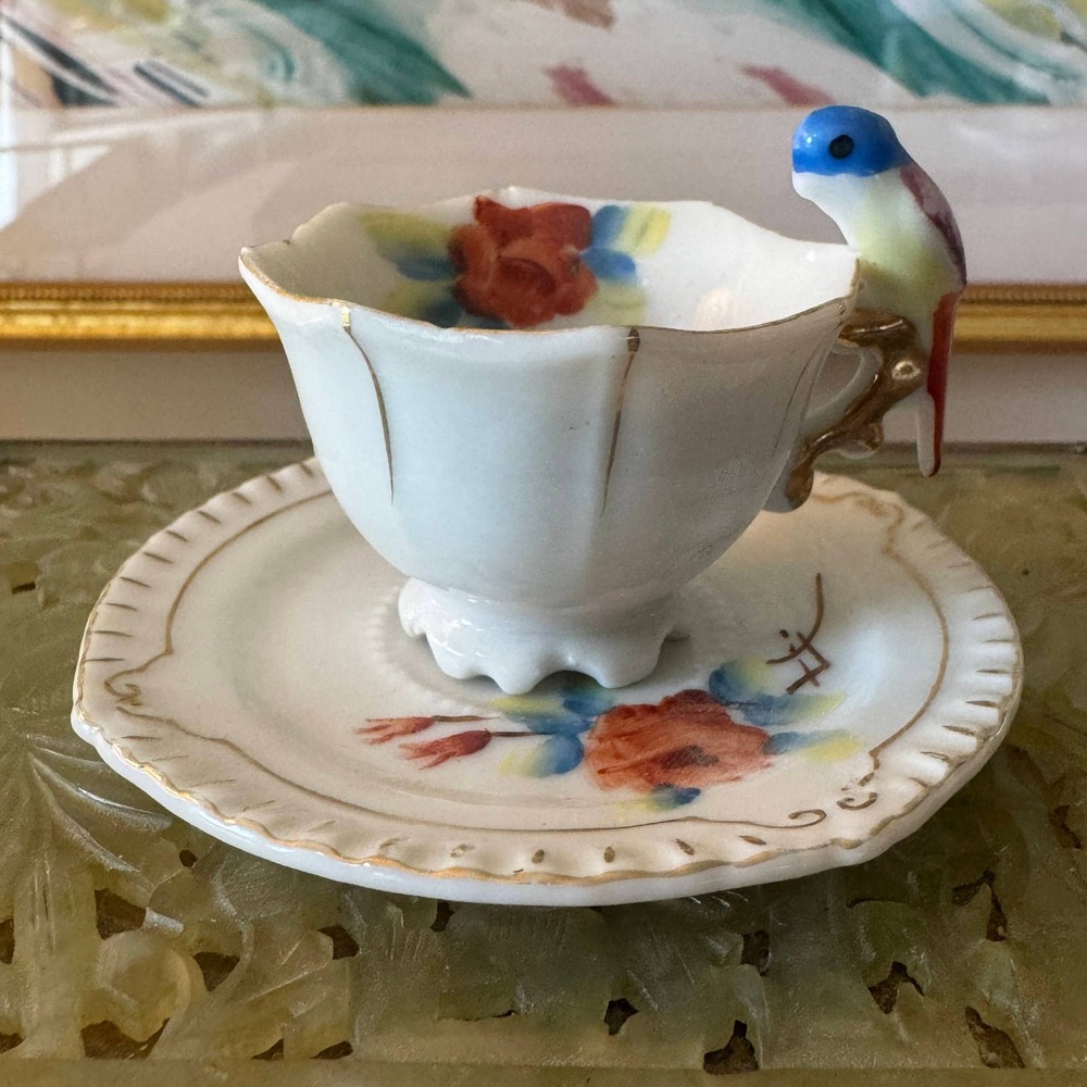 Vintage 1950s Made in Japan Miniature Teacup Saucer Set 3D Bird Floral Gold Trim